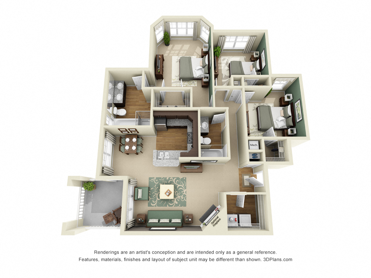 Floor plan for 3 beds, 2 baths, 1246 sqft